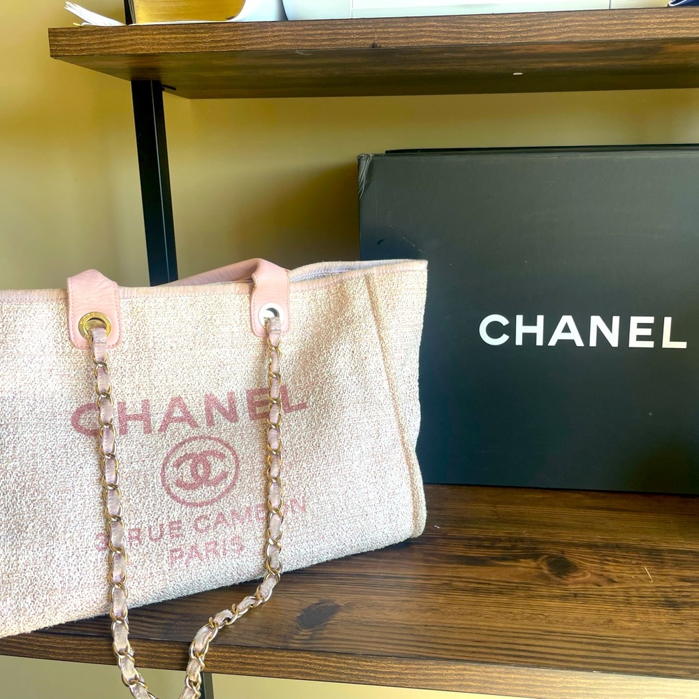 Chanel Deauville Tote Bag Pink Woven Tweed with box and dustbag